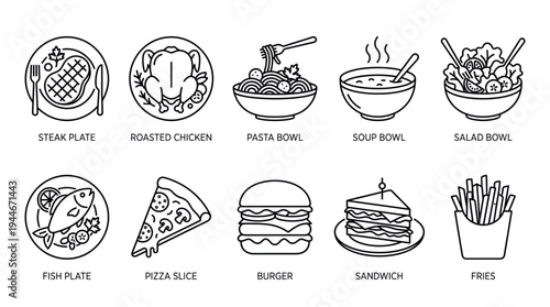 Vector illustration showing ten assorted food icons, including steak, chicken, pasta, soup, and salad, rendered in a simple black line art style on a clean white background.