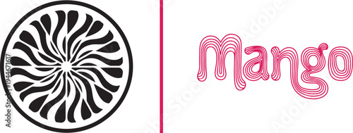 A minimalist black and white circular citrus slice with radiating wavy patterns alongside a vibrant pink "mango" wordmark designed with stylish, flowing concentric line art.
