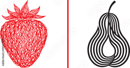 A vibrant red strawberry silhouette composed of intricate, swirling lines next to a minimalist black-and-white pear icon formed by sleek vertical curves, separated by a red vertical line.