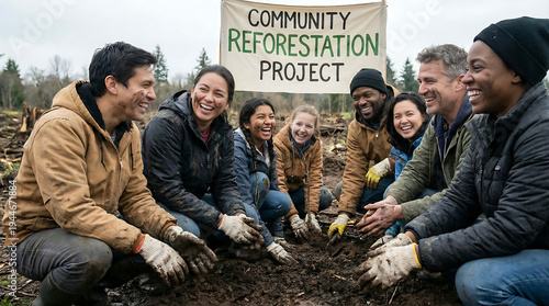 Diverse group of eco-activists with a happy and inspired mood planting trees for a 