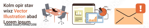Business tools, workspace ideas, data visualization, communication, alerts, and organization. A meeting table, analytics charts and an envelope with an alert icon. Office setups and data