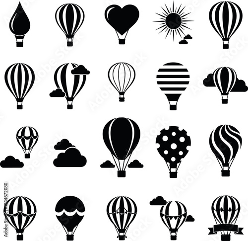 Collection of black and white hot air balloon icons