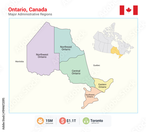 Ontario canada map with major administrative regions labeled and colored distinctly