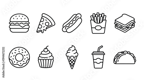 Set of black and white fast food line art icons, including burger, pizza, hot dog, fries, sandwich, donut, ice cream and taco, ideal for menu design or websites.