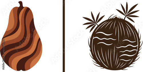 A dark brown pear with wavy, wood-grain textures alongside a whole hairy coconut featuring palm leaf accents and flowing water-like line patterns.