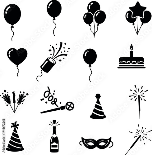 Black party celebration icons collection on white background