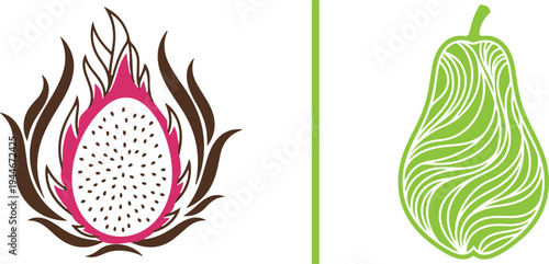 A stylized yellow lemon with green leaves and a pink circular background, paired with a detailed cross-section of a red tomato showing intricate wavy patterns and seeds.