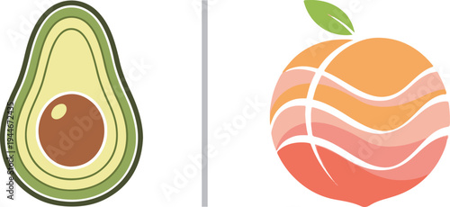 A minimalist vector set featuring a black-line pomegranate with swirl details and a sliced green avocado with a brown pit, separated by a vertical grey line on a white background.