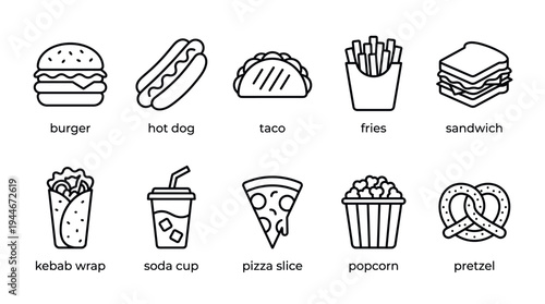 A collection of outlined fast food icons including burger, hot dog, taco, fries, sandwich, kebab, soda, pizza, popcorn, and pretzel on a white background.
