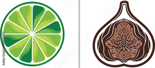A lime slice with vibrant green, wavy segments alongside a dark brown fig cross-section featuring a detailed, textured core of intricate swirling patterns.