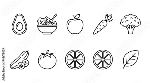 Set of simple line art icons representing healthy food options like avocado, salad, apple, carrot, broccoli, cucumber, tomato, orange and leaf on a white background.