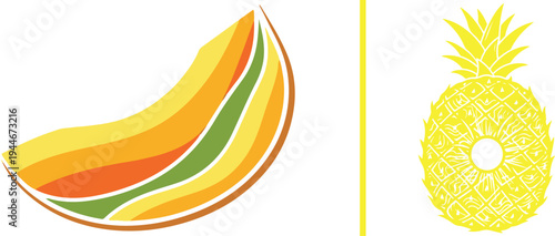 A vibrant vector set featuring a colorful, wavy-line melon slice and a bright yellow minimalist pineapple silhouette, separated by a vertical yellow line on a white background.