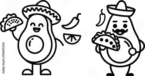 Cinco de Mayo Avocado Taco Mascot Line Art
