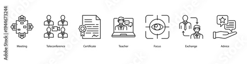 Team Collaboration web banner icon vector illustration featuring Meeting, Teleconference, Certificate, Teacher, Focus, Exchange, and Advice for workplace productivity.