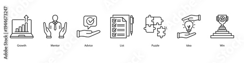 Success Journey web banner icon vector illustration featuring Growth, Mentor, Advice, List, Puzzle, Idea, and Win for career advancement and workplace goals.