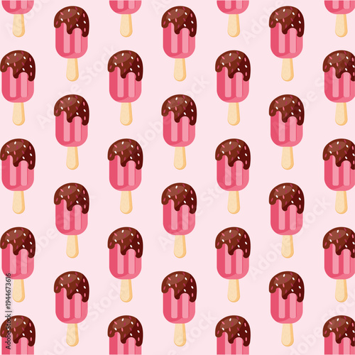 Seamless pattern with chocolate glazed strawberry ice cream popsicles, summer fruit dessert repeat background for kids fabric and wallpaper