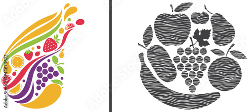 A colorful teardrop-shaped splash composed of various fruit icons, alongside a circular arrangement of fruit silhouettes with a textured, wavy line pattern in gray.
