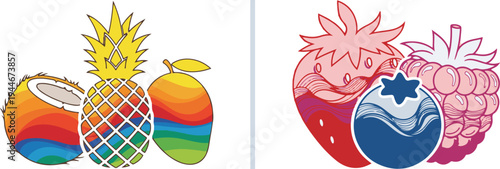 Colorful vector fruit groupings: tropical favorites like coconut, pineapple, and mango with rainbow gradients, alongside a berry trio of strawberry, raspberry, and blueberry with wavy patterns.