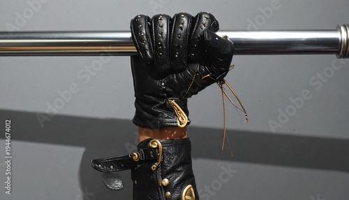 Black leather gloves gripping metal bar with determination and strength concept