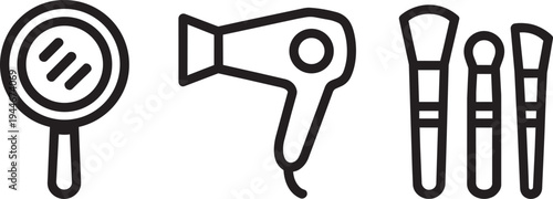 Beauty and Grooming Tools Vector Icons: Hand Mirror, Hair Dryer, Makeup Brushes