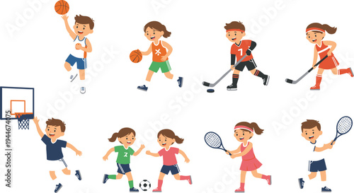 Children playing sports vector illustration with basketball, soccer, hockey, tennis, teamwork, physical activity, and healthy lifestyle