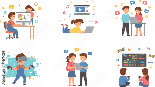 Children using technology vector illustration with computers, laptops, tablets, VR headsets, gaming, social media, and online learning
