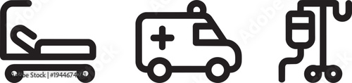 Medical Icons Set: Hospital Bed, Ambulance, and IV Drip Stand Vector Illustration