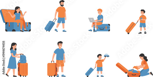 People with luggage vector illustration showing packing, rolling suitcases, family travel, vacation preparation, and journey activities