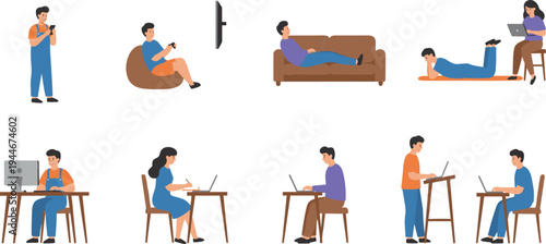 Set of people working on laptops and relaxing with technology featuring remote work gaming and mobile phone use vector.