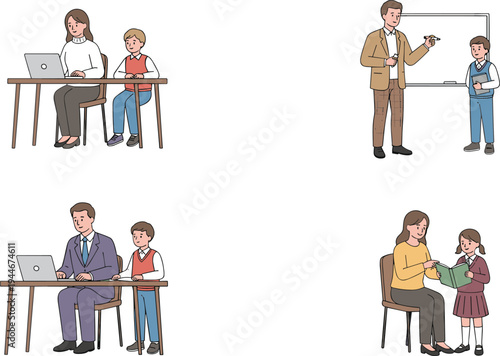 Teachers helping students with laptop studies and reading books in classroom for education and mentorship vector illustration set.