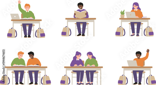 Students studying vector illustration with laptops, books, backpacks, classroom desks, collaborative learning, and academic engagement