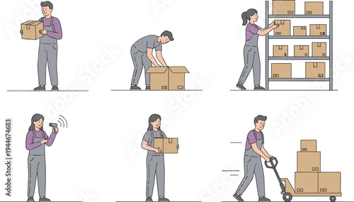 Warehouse logistics workers vector illustration with packing, scanning, carrying boxes, pallet jack, shelving, and supply chain tasks