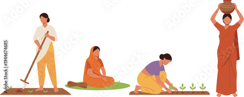 Women in agriculture vector illustration with traditional attire, farming, planting, carrying pots, rural lifestyle, and fieldwork