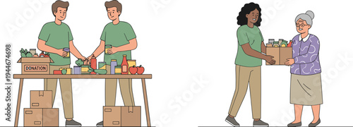 Volunteers sorting food in donation boxes and helping elderly woman for charity community service vector illustration set.