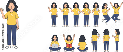 Cartoon character vector illustration with multiple poses, gestures, laptop, phone, paper, book, and expressive activities