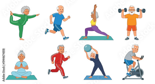 Active seniors engaging in various fitness activities and maintaining a healthy lifestyle