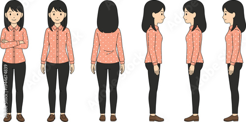 Cartoon woman character design sheet vector illustration with multiple views, front, back, side, three‑quarter, and expressive poses
