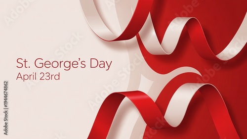 St. George's Day April 23rd Celebration Background with Elegant Red and White Silk Ribbon Curves for National English Holiday
