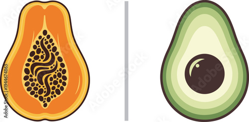 Vector illustrations of a halved orange papaya with dark seeds and a sliced green avocado with a large pit, separated by a vertical grey line on a white background.
