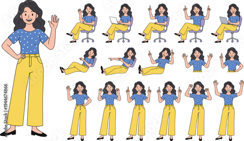 Cartoon woman character vector illustration with multiple poses, laptop, phone, waving, pointing, sitting, and expressive gestures