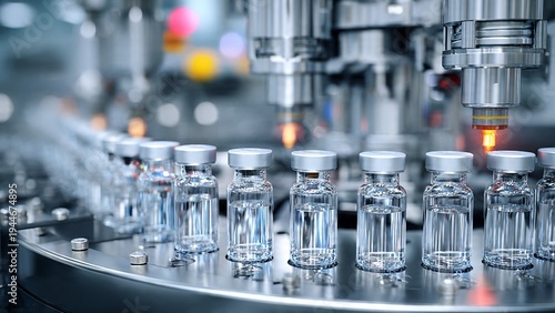 Automated vaccine vials moving on conveyor belt in pharmaceutical factory, high-speed medical manufacturing line, biotechnology industry and global healthcare supply chain.