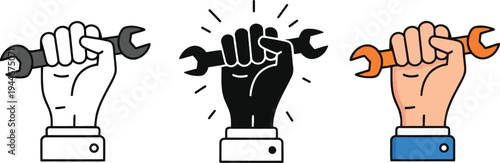 Minimal fist with wrench icon set Vector