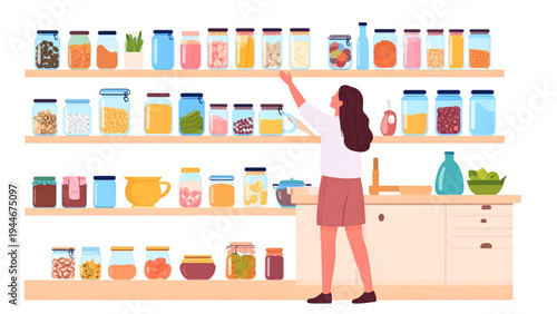 Woman Organizing Jars on Kitchen Shelf – Home Cooking and Storage Vector Illustration