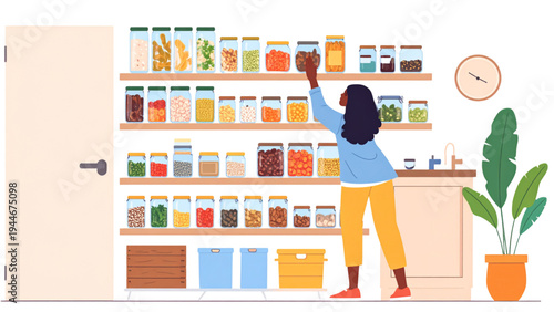 Woman Organizing Jars on Kitchen Shelf – Home Cooking and Storage Vector Illustration