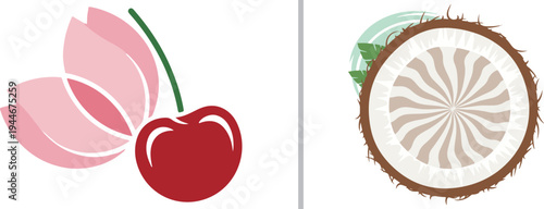 A sleek vector design featuring a red cherry with pink petals next to a cross-section of a coconut with a spiral center, divided by a vertical grey line on a white background.