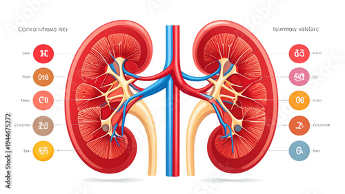 Human Kidney Structure Diagram – Nephron and Blood Vessels Illustration