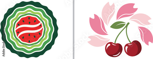 A vibrant watermelon badge with wavy green and red layers sits next to a pair of glossy red cherries surrounded by swirling pink cherry blossom petals.