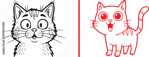 A surprised black-outline cat face next to a joyful, wide-eyed red-outline kitten. Both vector illustrations feature expressive cartoon styles separated by a vertical red line.