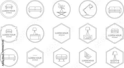 A collection of elegant line art interior design logos featuring abstract furniture icons and modern branding elements for home decor businesses.