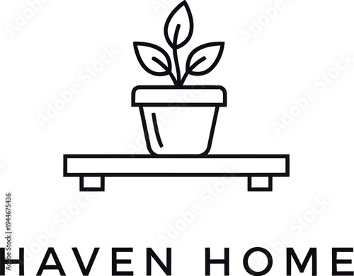 A clean and elegant minimalist line art logo showcasing a small potted plant on a modern stand with the brand name "HAVEN HOME" displayed underneath, perfect for a cozy space.